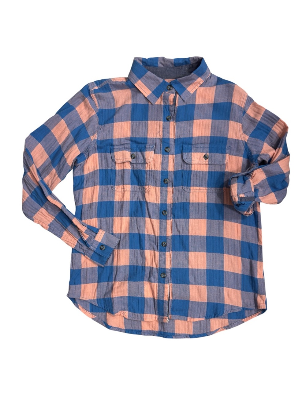 Magellan Women's Plaid Campfire Crinkle Herringbone Long Sleeve Button Up Shirt